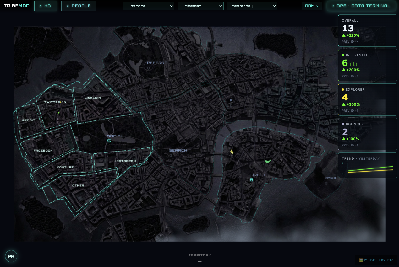 TribeMap's own map showing the result of its first ten dollar Twitter campaign