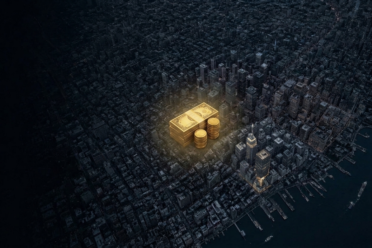 The same city, grey and switched off, with a stack of money sitting on it doing nothing.