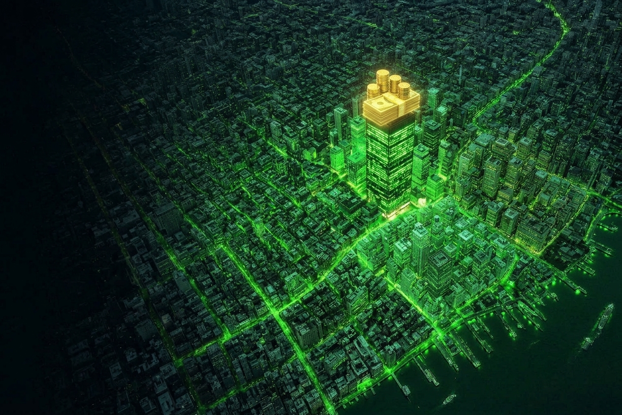 The same city glowing green and alive, with the money now sitting where the buyers are.