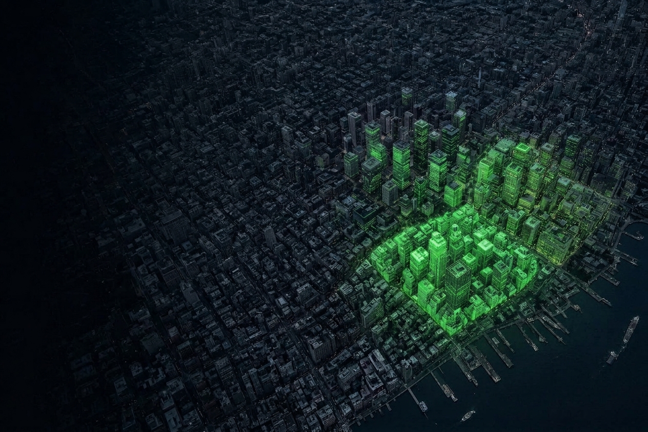 The LinkedIn district of the city, one fifth of it glowing green.