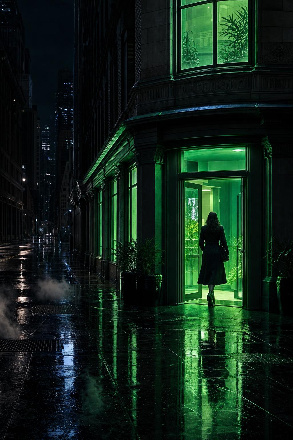 A woman stepping into a green-lit doorway on a dark city street, the rain just cleared