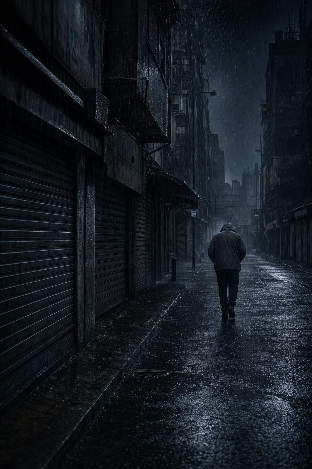 A hooded figure walking away past dark shuttered storefronts in heavy rain