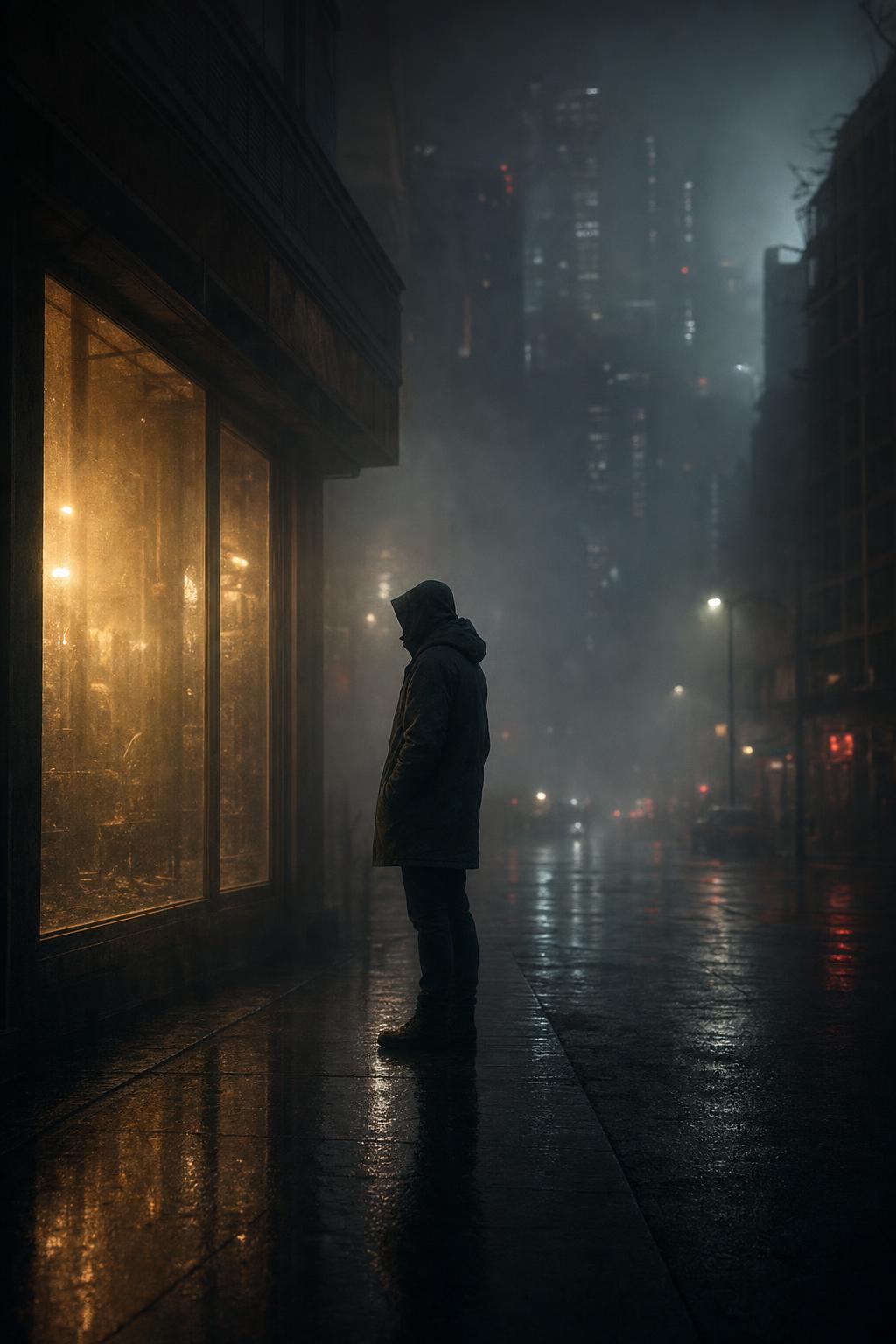 A man paused in fog outside a shop window glowing amber, looking but keeping his distance